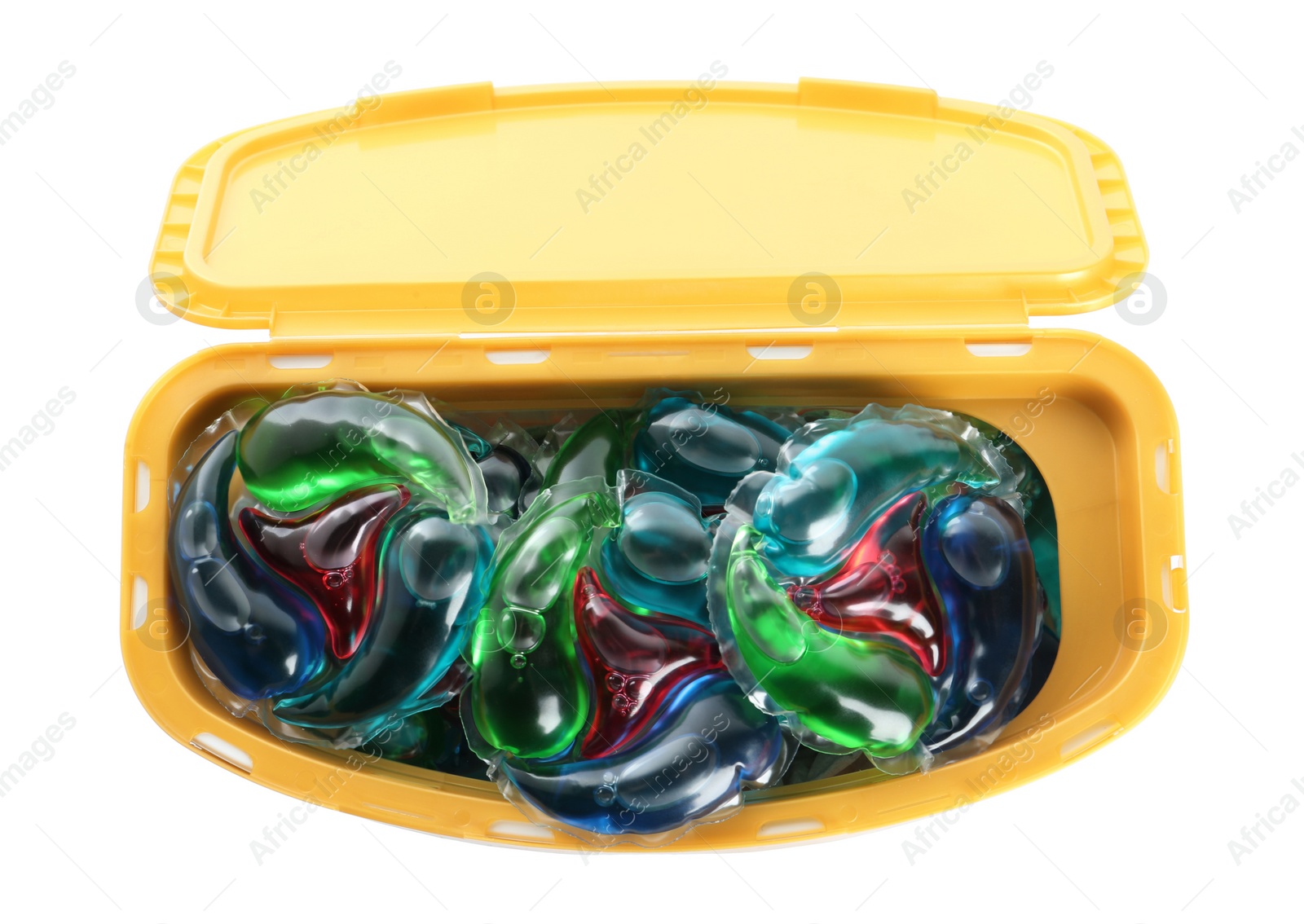 Photo of Box with laundry capsules isolated on white, top view