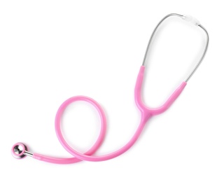 Photo of Stethoscope on white background, top view. Medical device