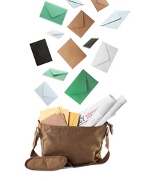 Image of Many different envelopes falling into brown postman's bag on white background
