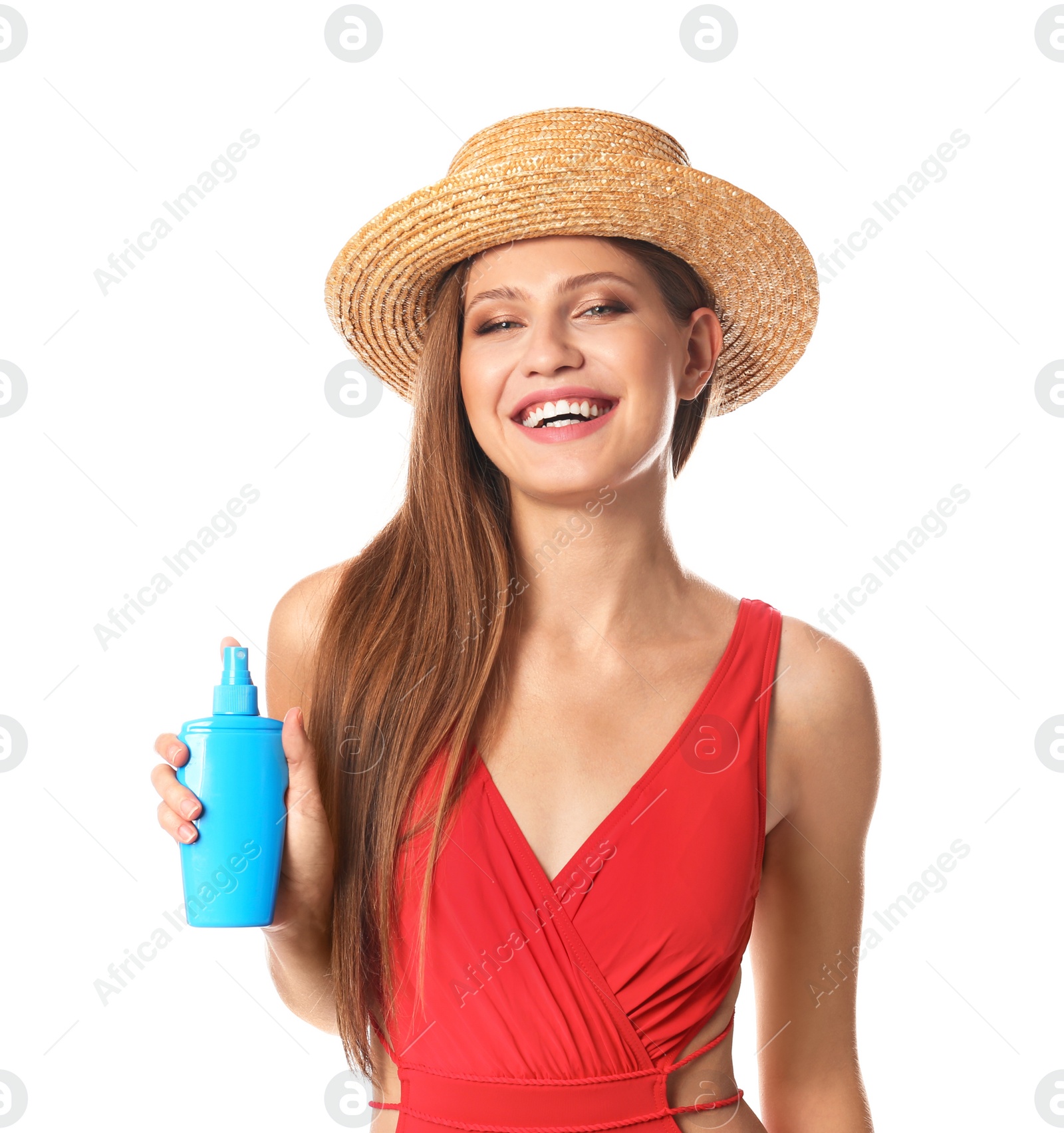 Photo of Woman with bottle of sun protection body cream on white background