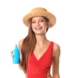 Photo of Woman with bottle of sun protection body cream on white background