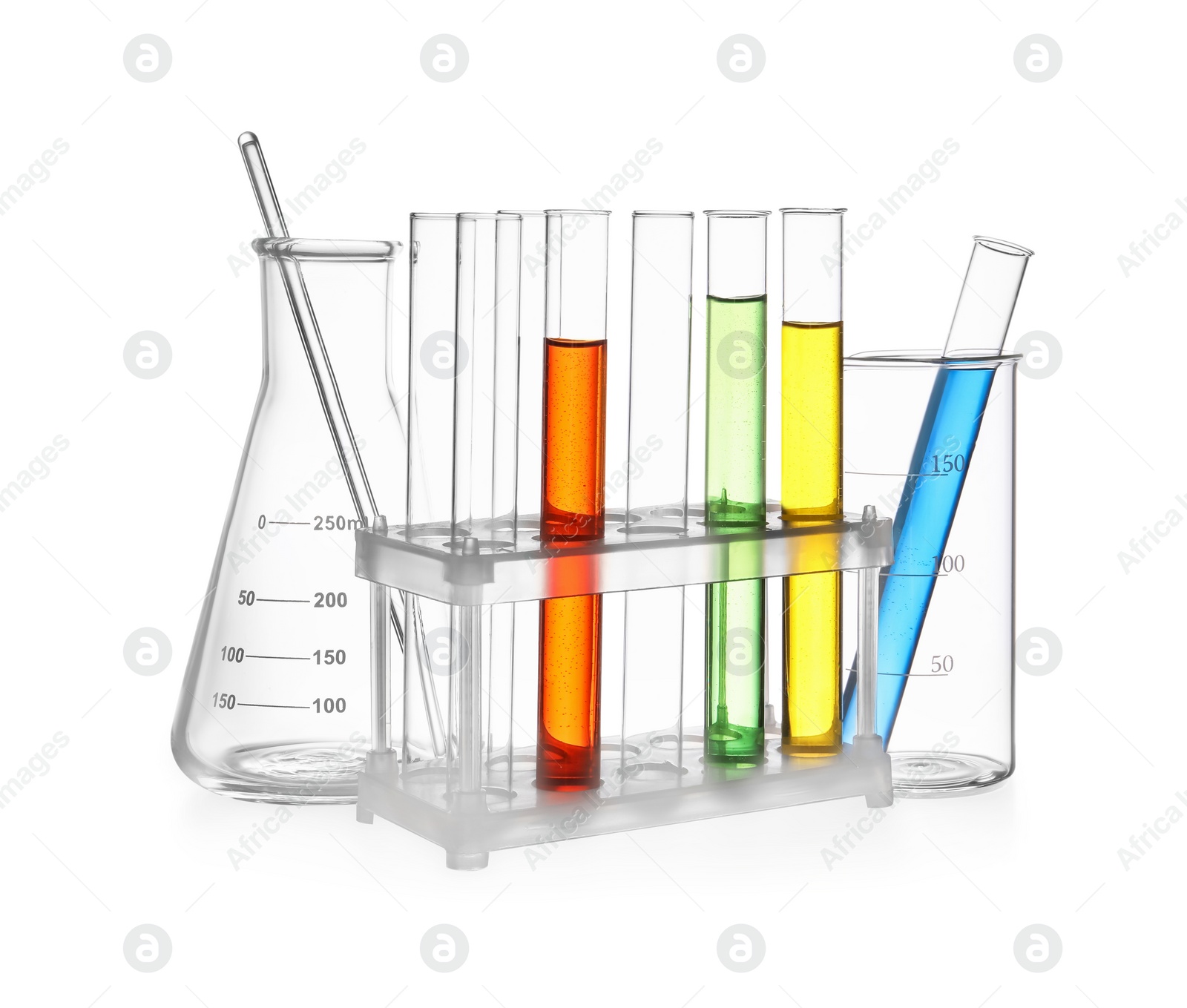 Image of Glass flask, beaker and test tubes with colorful liquids isolated on white