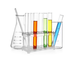 Image of Glass flask, beaker and test tubes with colorful liquids isolated on white