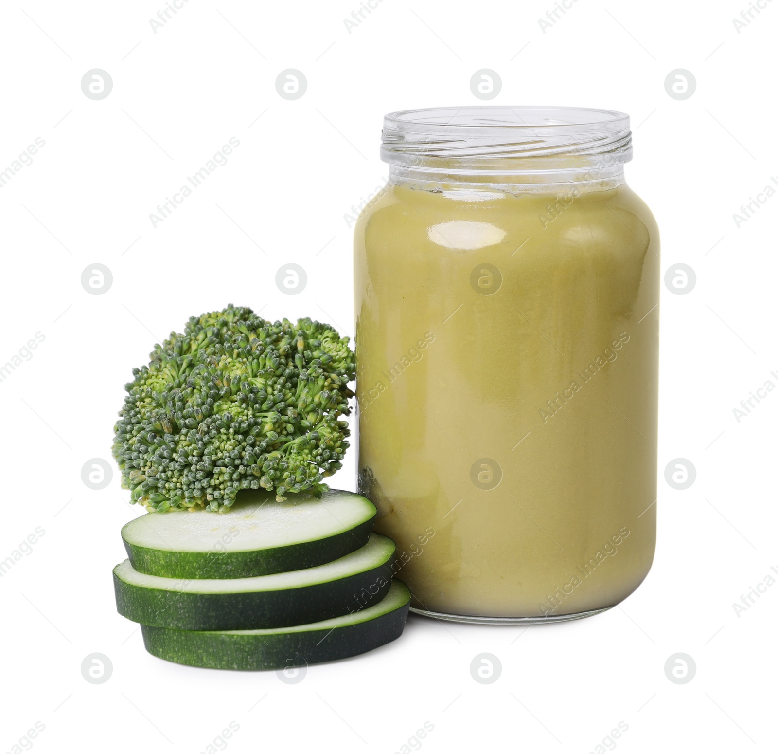 Photo of Jars of healthy baby food, cucumber slices and broccoli on white background