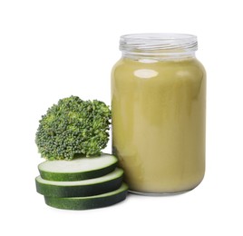 Photo of Jars of healthy baby food, cucumber slices and broccoli on white background