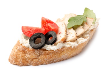 Photo of Delicious chicken bruschetta on white background. Traditional Italian antipasto