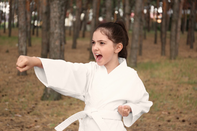 Photo of Cute little girl in kimono practicing karate in forest