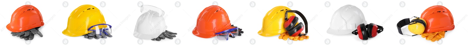 Image of Safety equipment, collection. Hard hats, gloves, protective headphones and goggles isolated on white