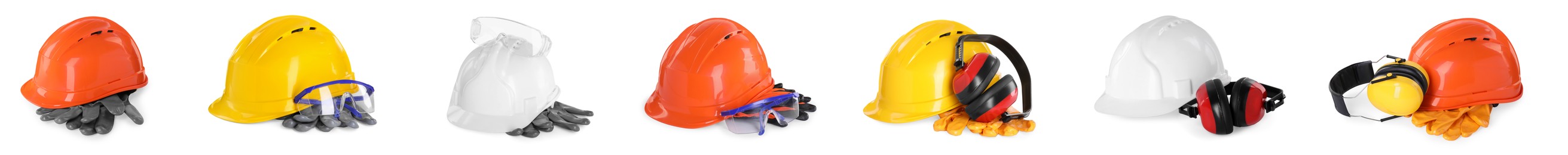 Image of Safety equipment, collection. Hard hats, gloves, protective headphones and goggles isolated on white