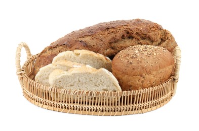 Wicker basket with different types of fresh bread isolated on white