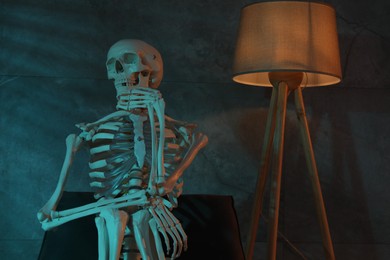 Photo of Waiting concept. Human skeleton sitting in armchair indoors