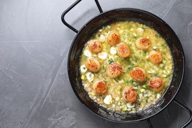 Photo of Fried scallops with sauce in dish on grey table, top view. Space for text