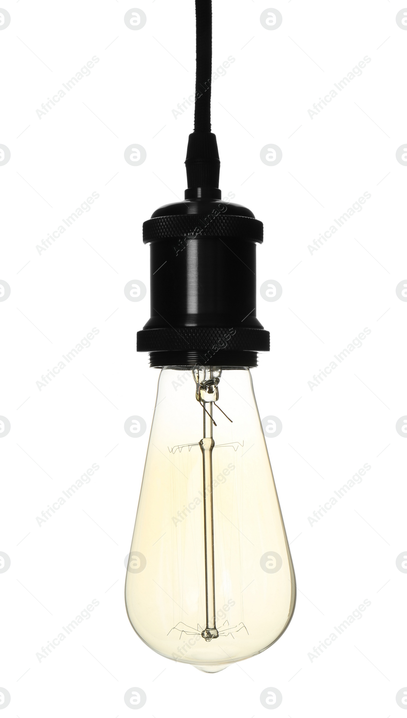 Photo of Stylish modern lamp hanging on white background