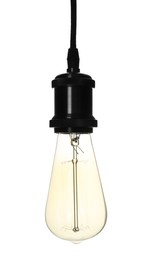 Photo of Stylish modern lamp hanging on white background