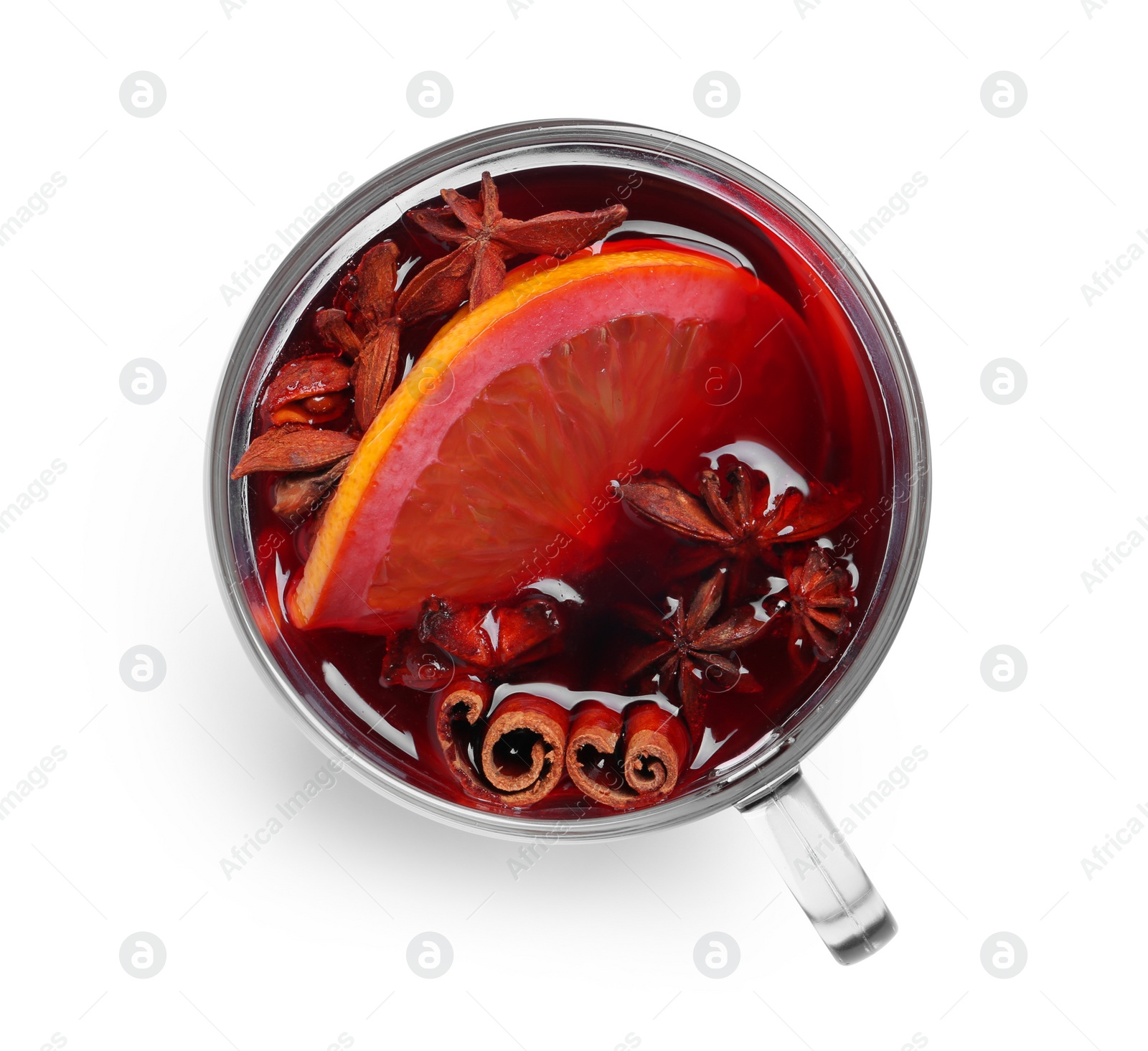 Photo of Cup with red mulled wine on white background, top view