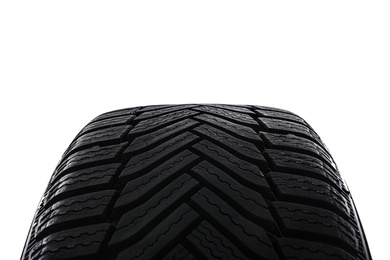 Photo of Winter tire on white background, closeup. Car maintenance