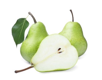 Whole and cut fresh ripe pears on white background