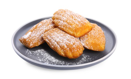 Photo of Delicious madeleine cakes with powdered sugar on white background