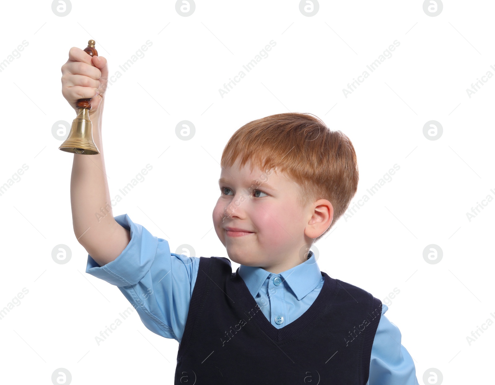 Photo of Pupil with school bell on white background