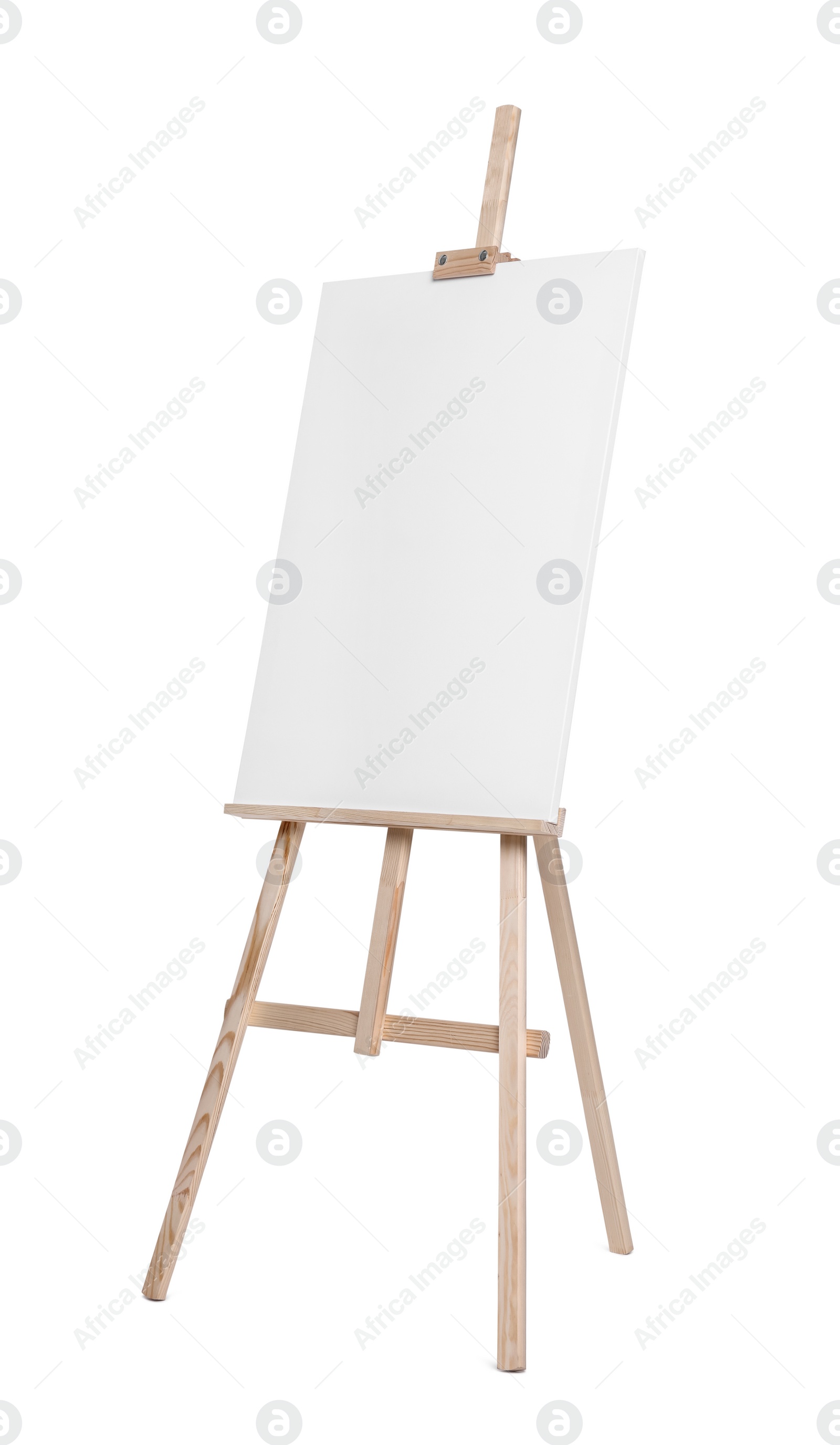 Photo of Wooden easel with canvas isolated on white. Artist's equipment