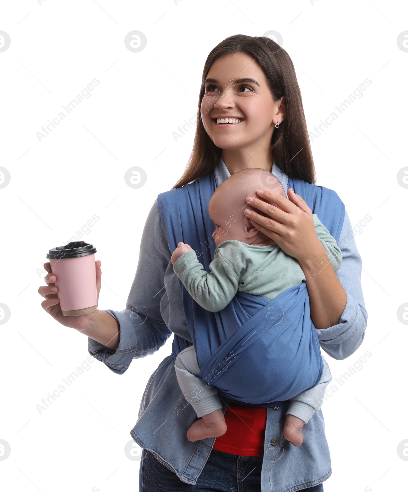 Photo of Mother with hot drink holding her child in sling (baby carrier) on white background