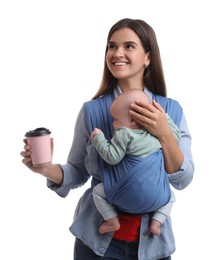 Mother with hot drink holding her child in sling (baby carrier) on white background