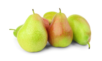 Photo of Heap of ripe juicy pears isolated on white