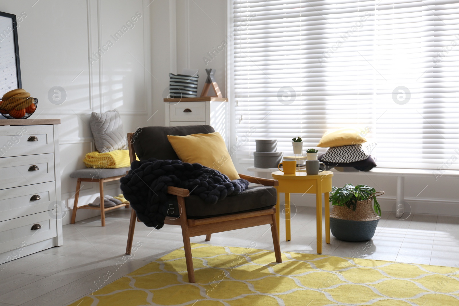 Photo of Comfortable armchair with pillow and plaid in living room. Interior design