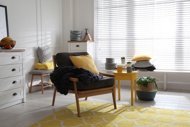 Comfortable armchair with pillow and plaid in living room. Interior design