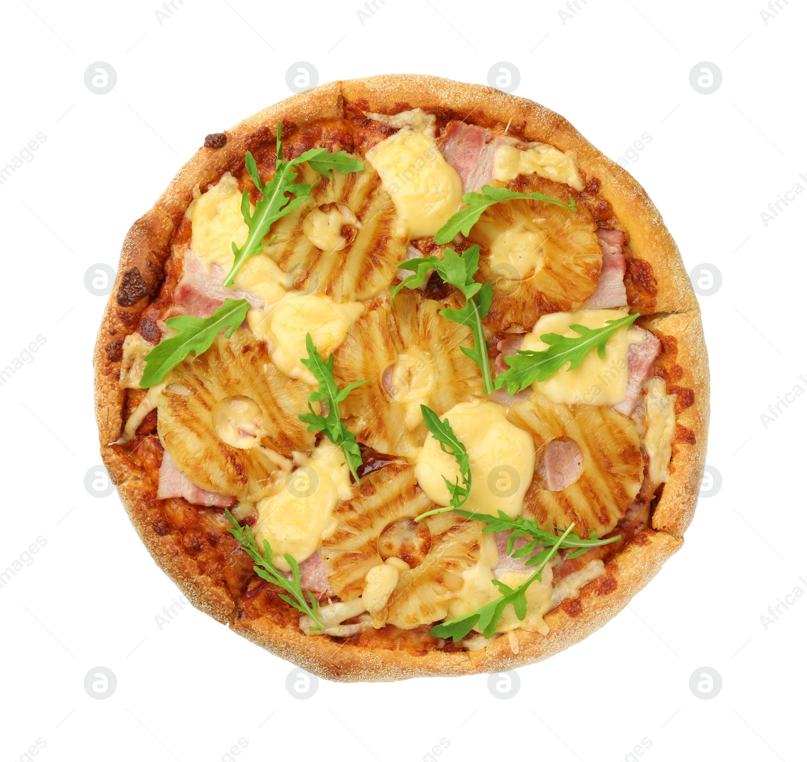 Photo of Delicious pineapple pizza with arugula isolated on white, top view