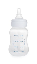 Empty feeding bottle for baby milk isolated on white