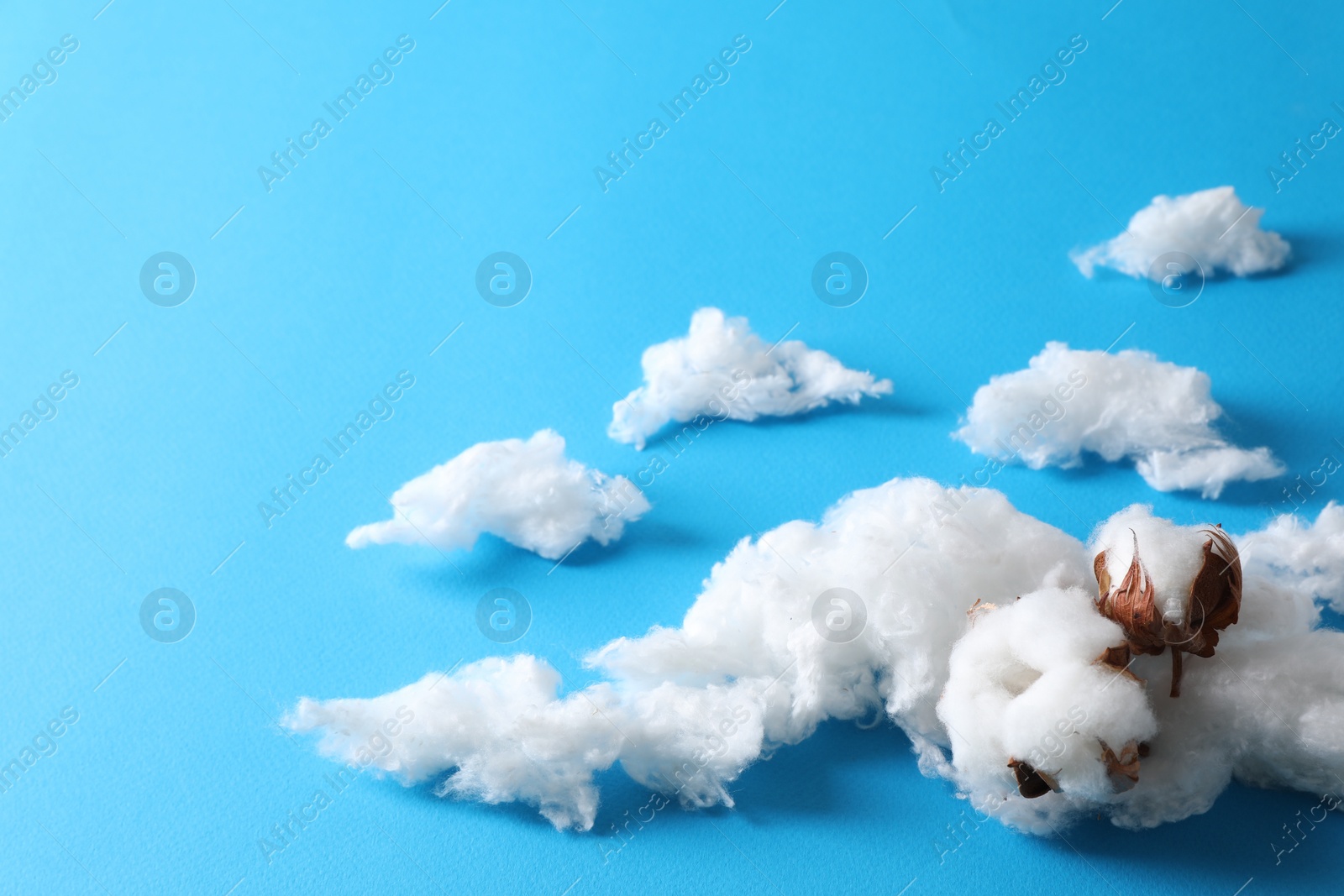 Photo of Clouds made of cotton and soft flowers on blue background. Space for text
