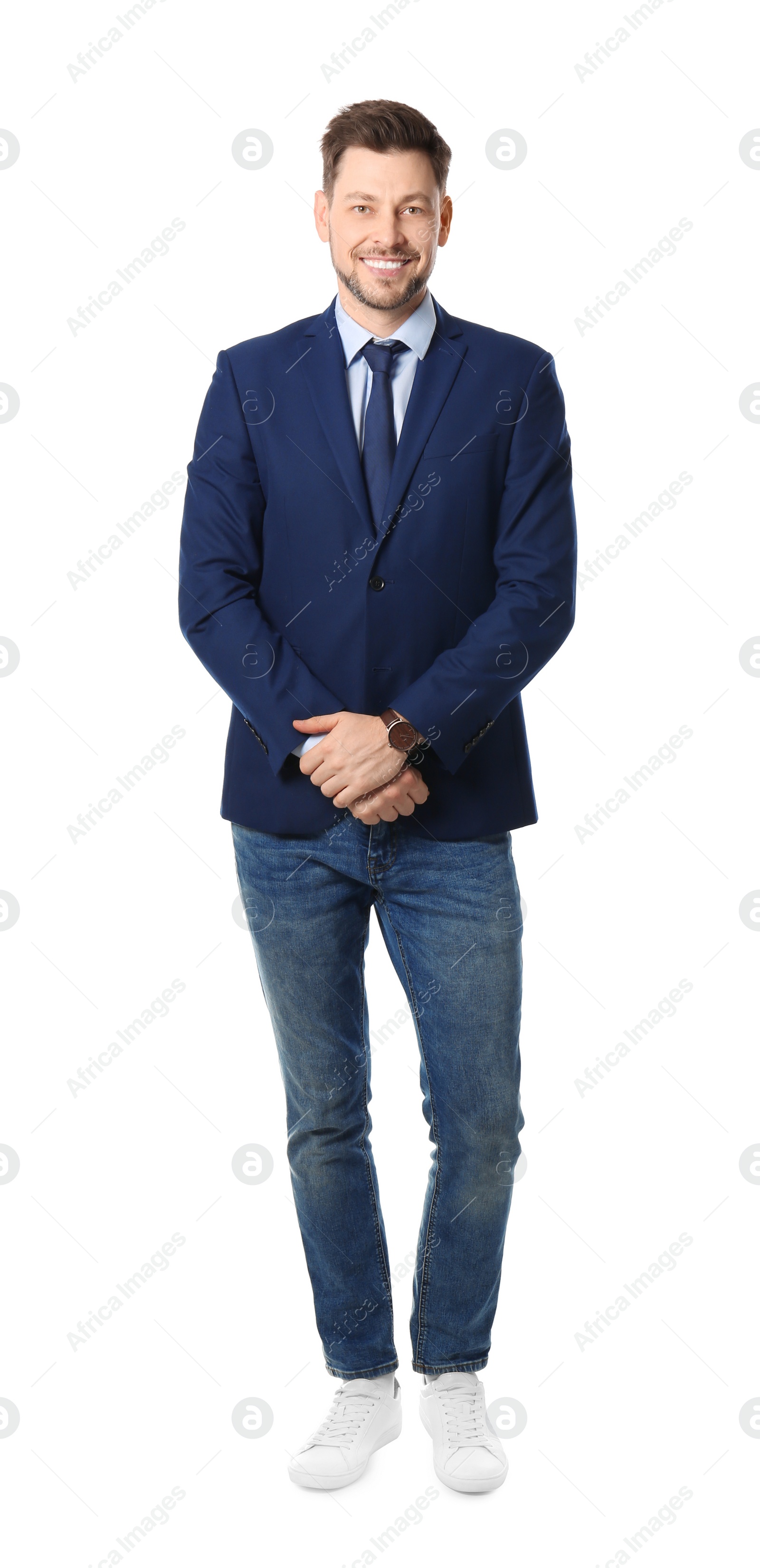 Photo of Full length portrait of businessman posing on white background