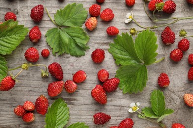 Many fresh wild strawberries, flowers and leaves on wooden table, flat lay