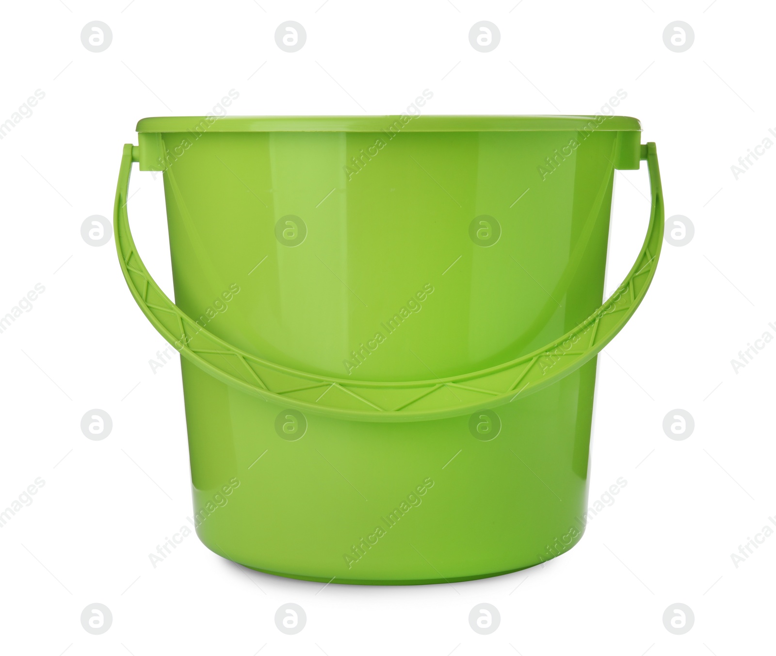 Photo of Empty green bucket for cleaning isolated on white