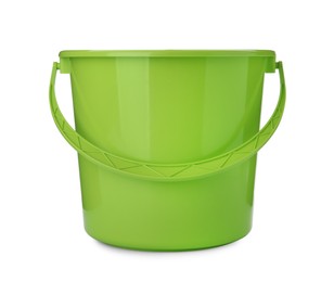 Photo of Empty green bucket for cleaning isolated on white