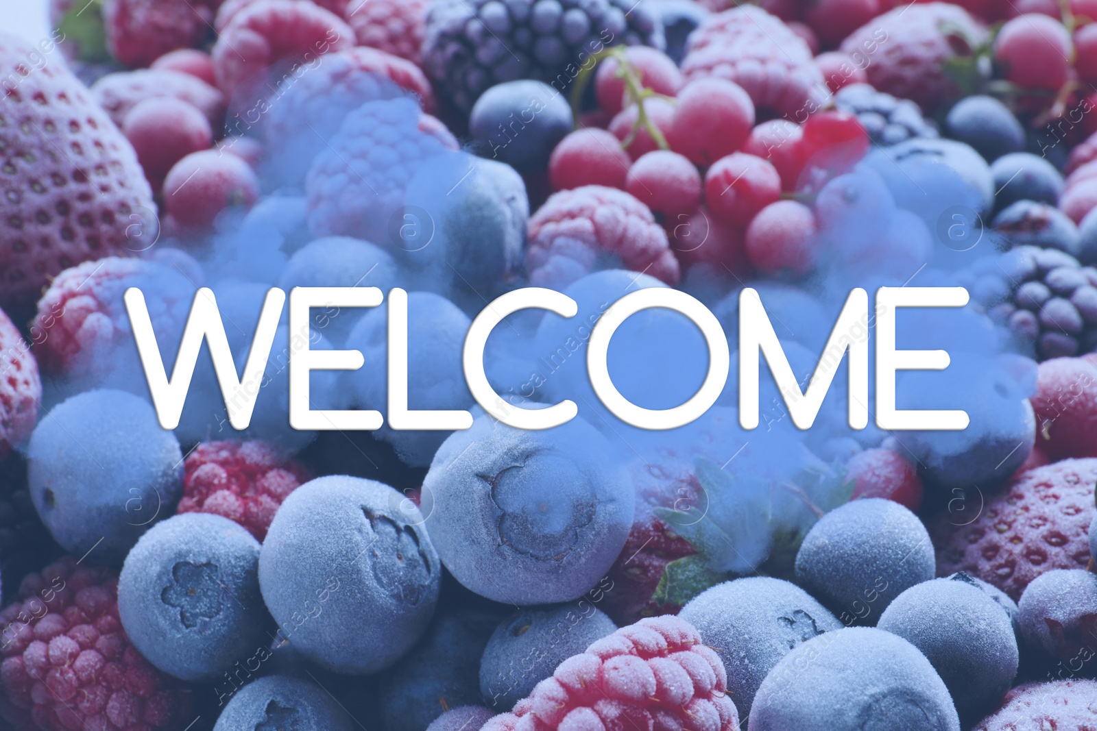 Image of Word WELCOME and mix of different tasty berries as background, closeup