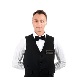 Portrait of young waiter in uniform on white background