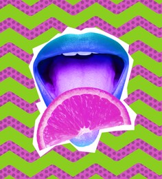 Stylish art collage. Open mouth with citrus fruit on tongue on color background