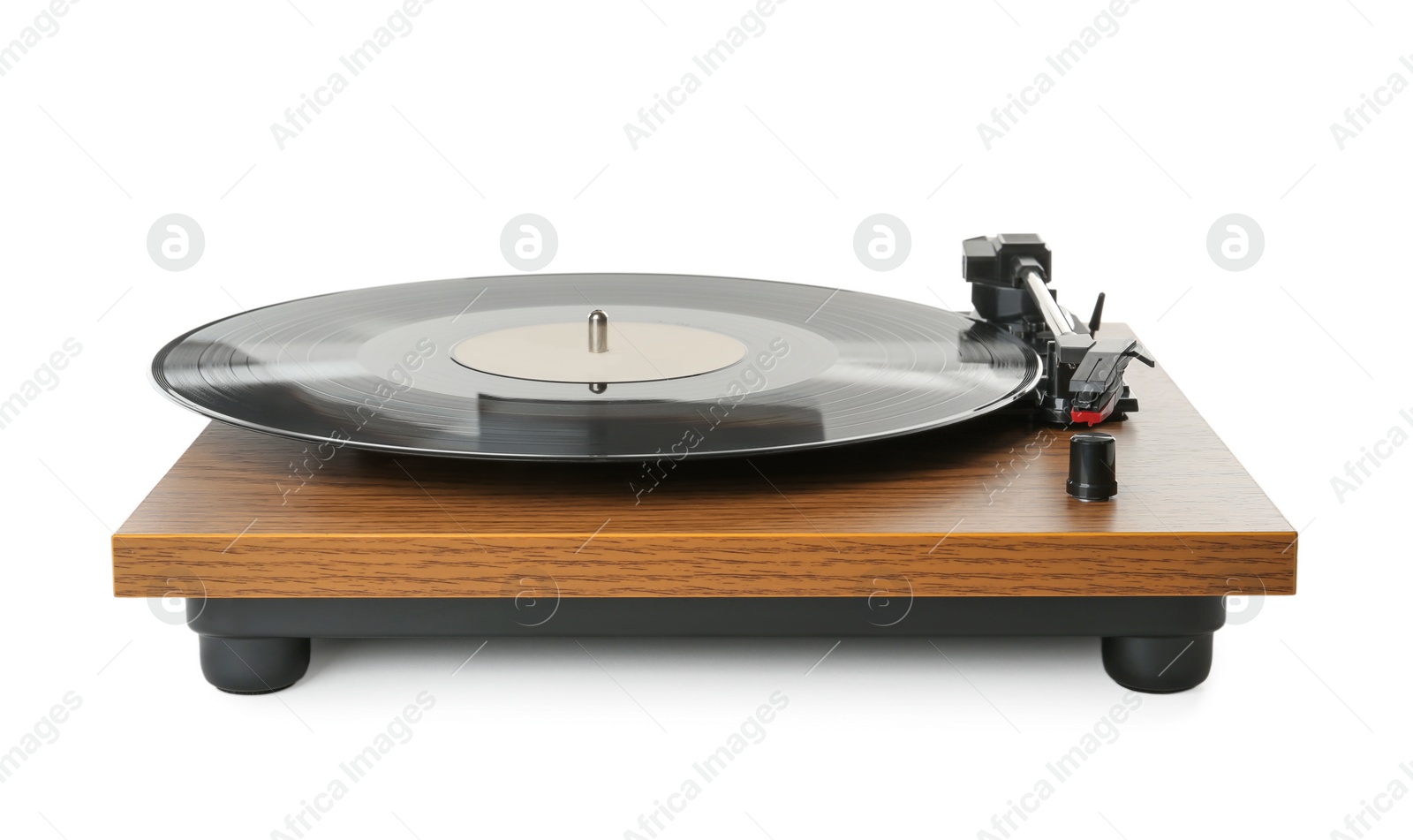 Photo of Modern turntable with vinyl record isolated on white