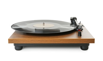 Modern turntable with vinyl record isolated on white