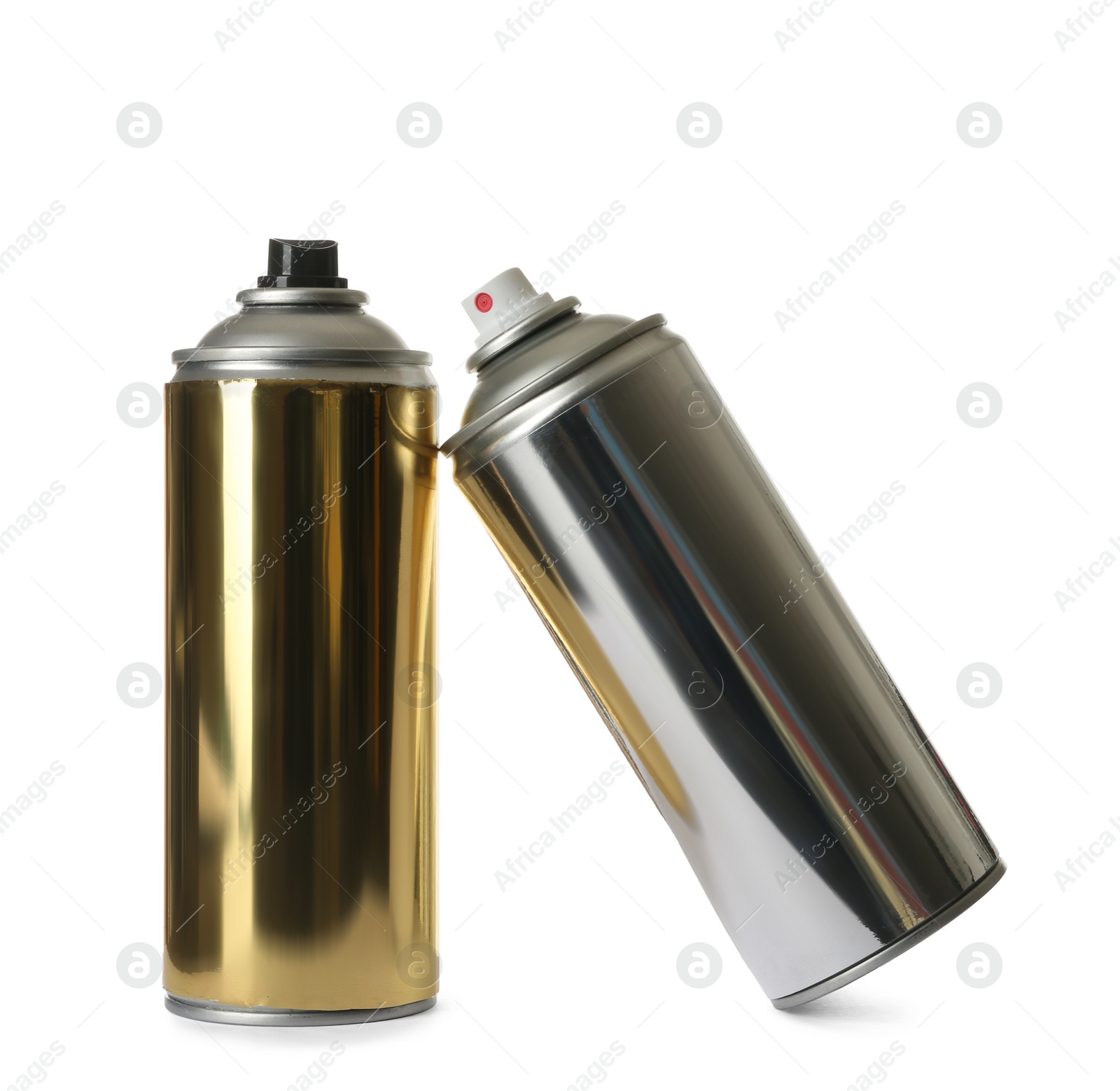 Photo of Cans of different spray paints on white background