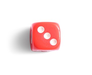 Photo of One red game dice isolated on white, top view
