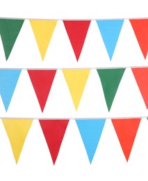 Buntings with colorful triangular flags on white background. Festive decor