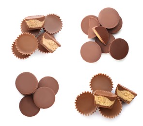 Image of Set with delicious peanut butter cups on white background, top view