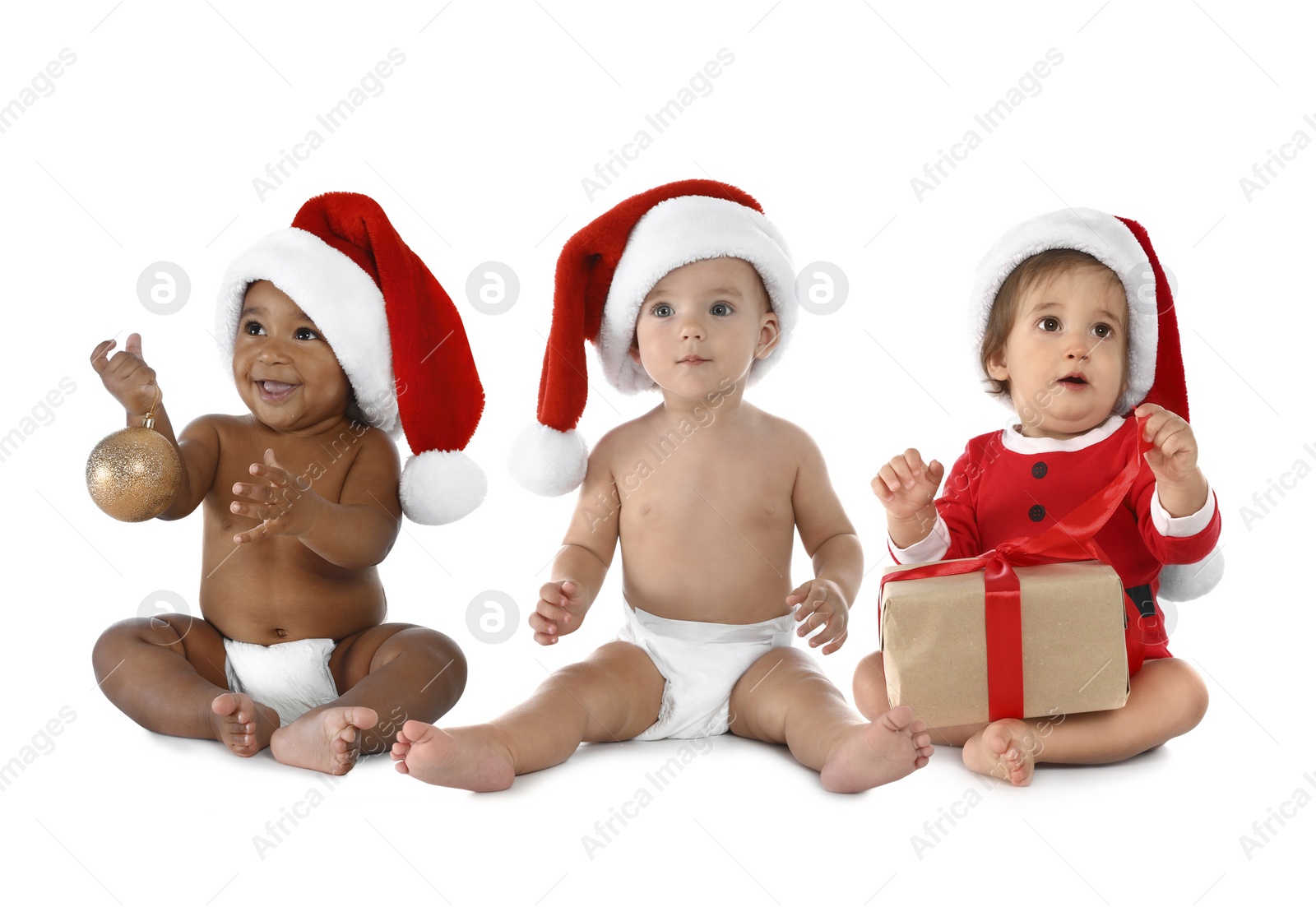 Image of Collage with photos of cute babies wearing Santa hats on white background