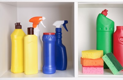 Photo of Different cleaning supplies and sponges on shelves