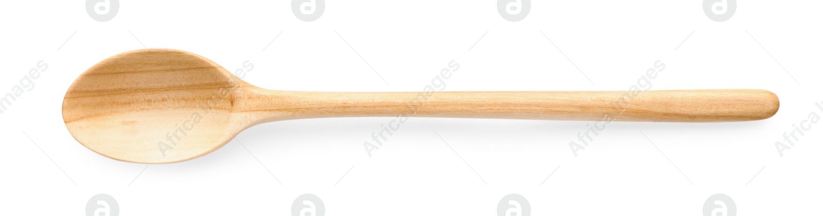 Photo of One empty wooden spoon isolated on white, top view