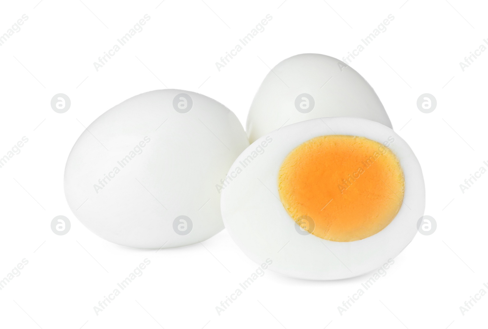 Photo of Fresh peeled hard boiled eggs on white background