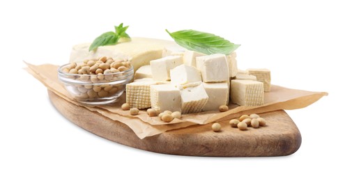 Photo of Delicious tofu cheese, basil and soybeans isolated on white